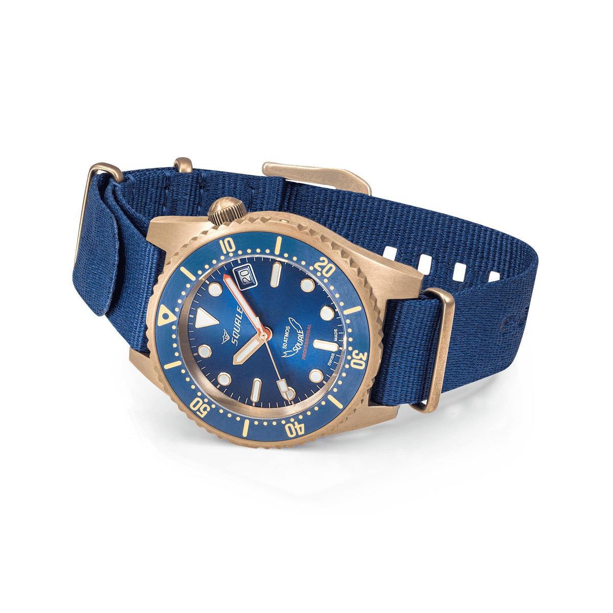 Men's bronze diver watch with blue dial and blue fabric strap, angled side view
