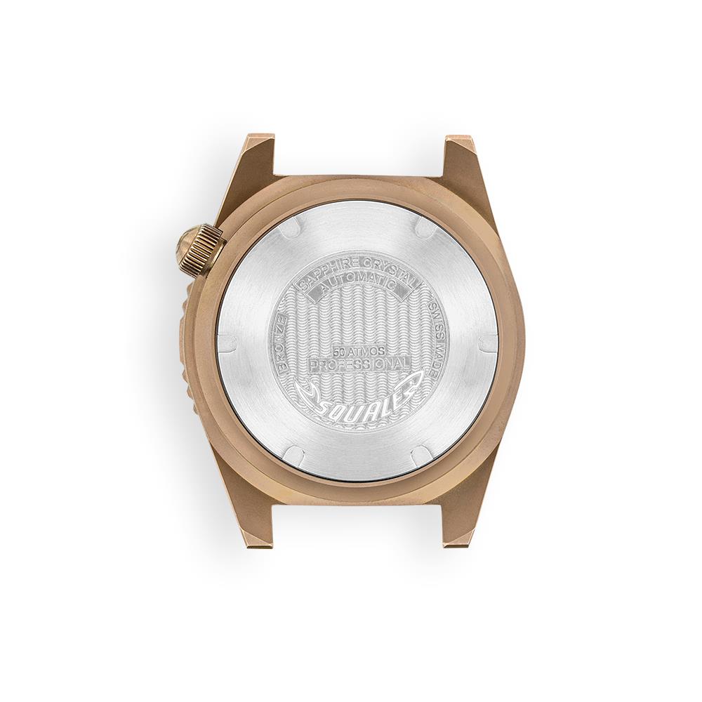 Men's bronze diver watch case back with silver backplate and embossed Squale marking
