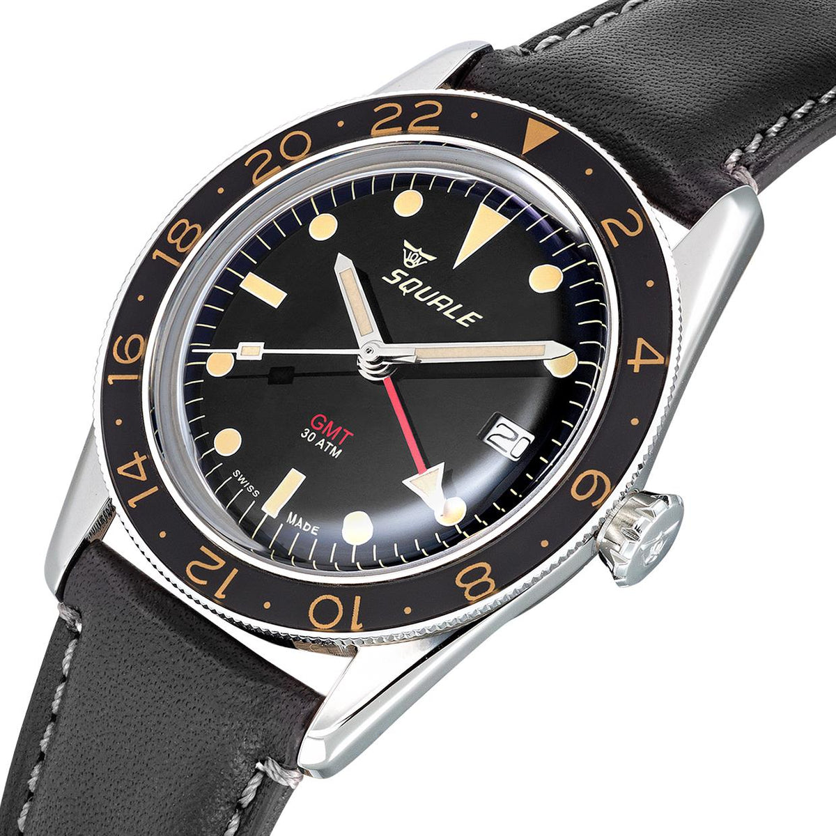 Men's automatic GMT watch with black dial, silver case, black leather strap, colored bezel