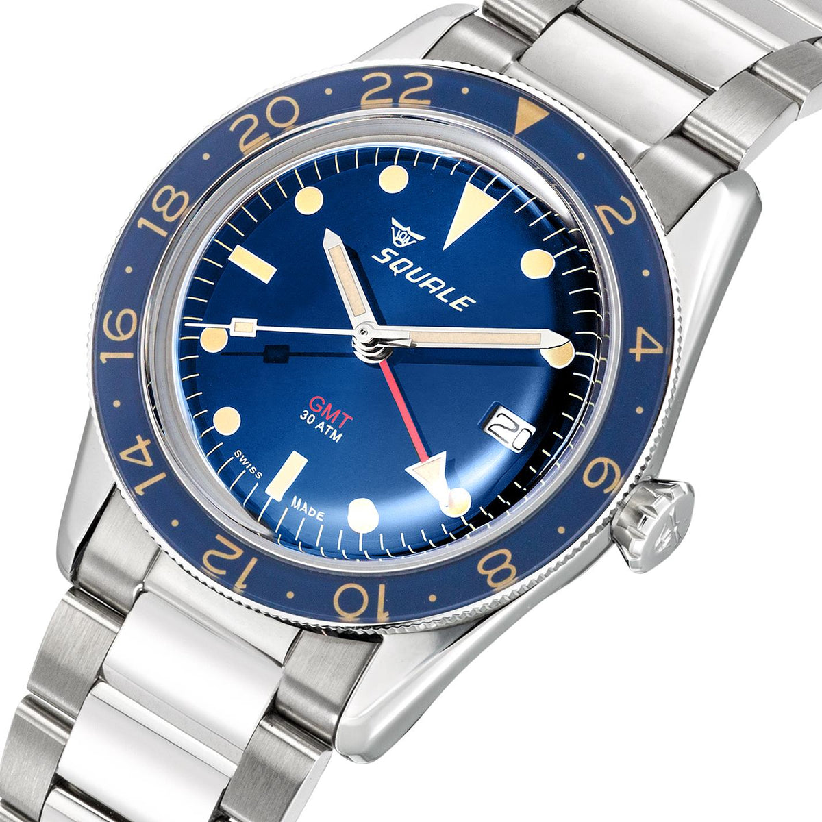Men's Squale automatic wristwatch with blue dial, stainless bracelet and bezel