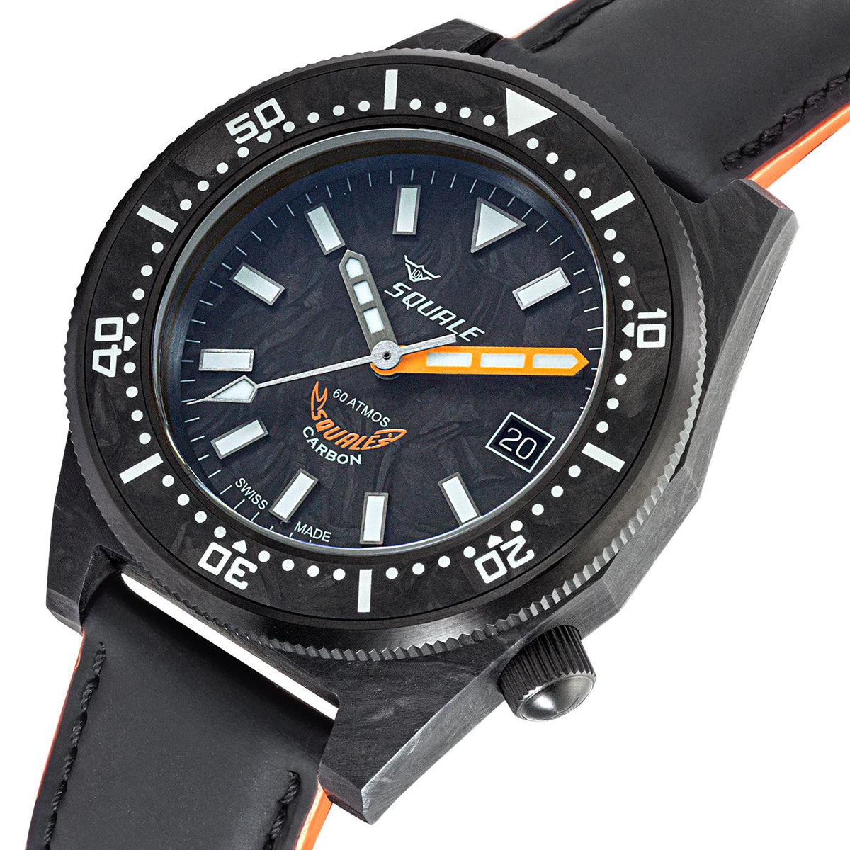Men’s black carbon-style bezel automatic watch, black dial, black leather strap