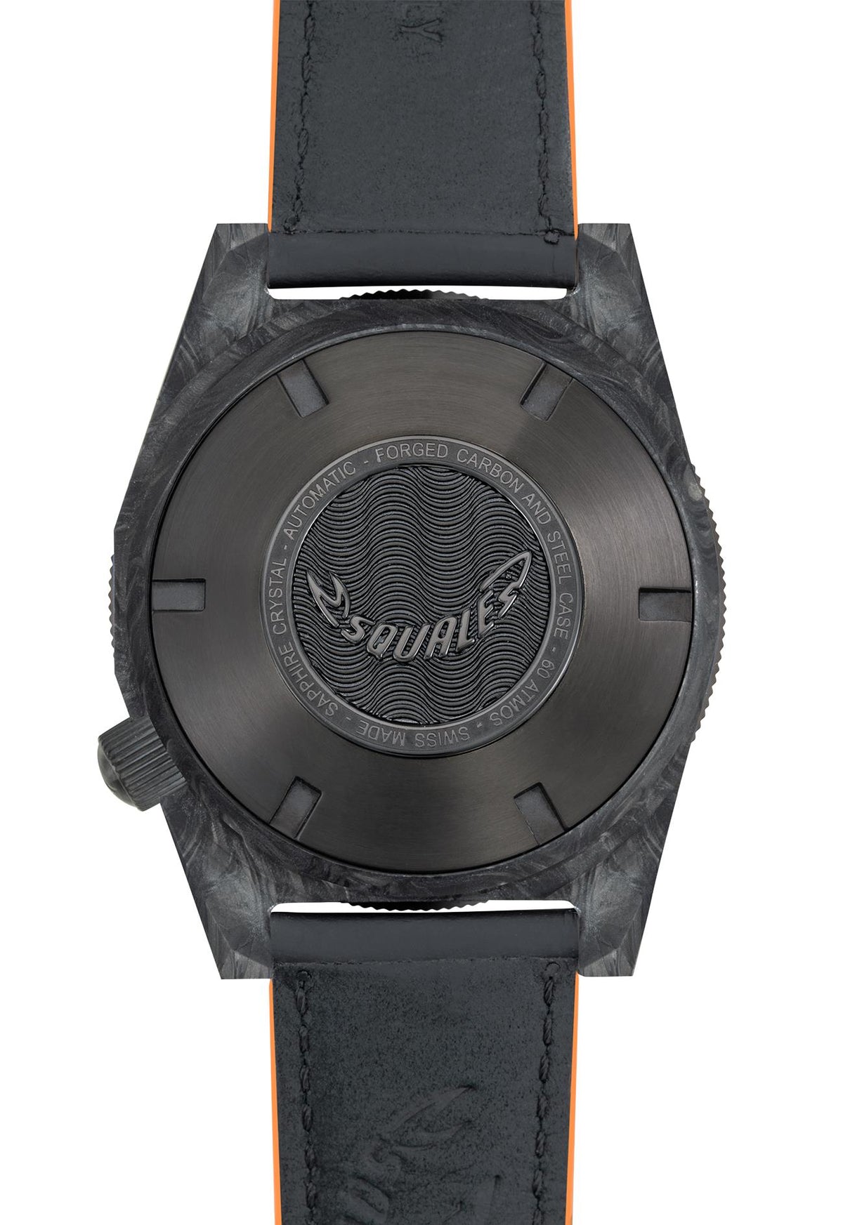 Back view of men’s black automatic watch with engraved case and black leather strap