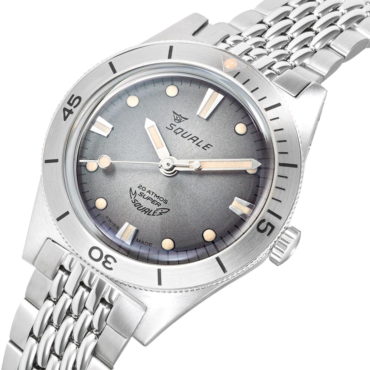 Men's stainless steel automatic watch with grey dial, metal bracelet strap, diver-style bezel