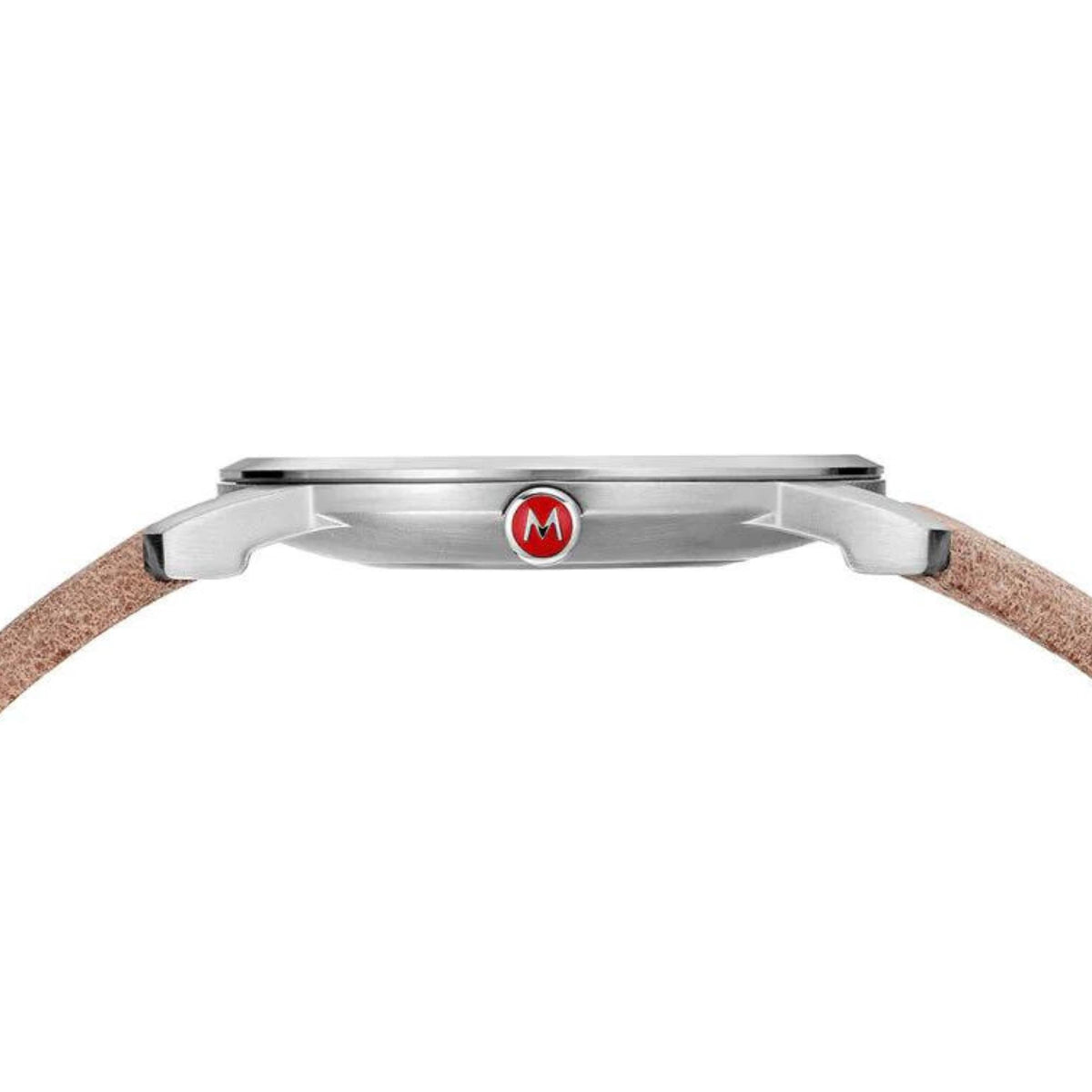Silver watch case with brown leather strap and round logo on the top