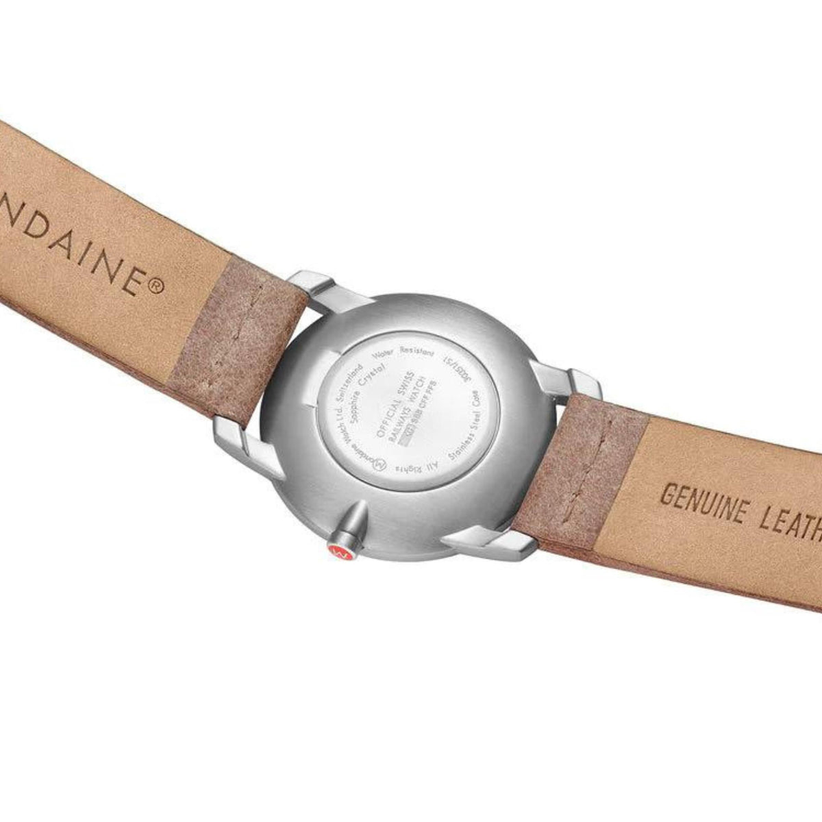 Brown leather watch strap with silver case and visible crown; case back details