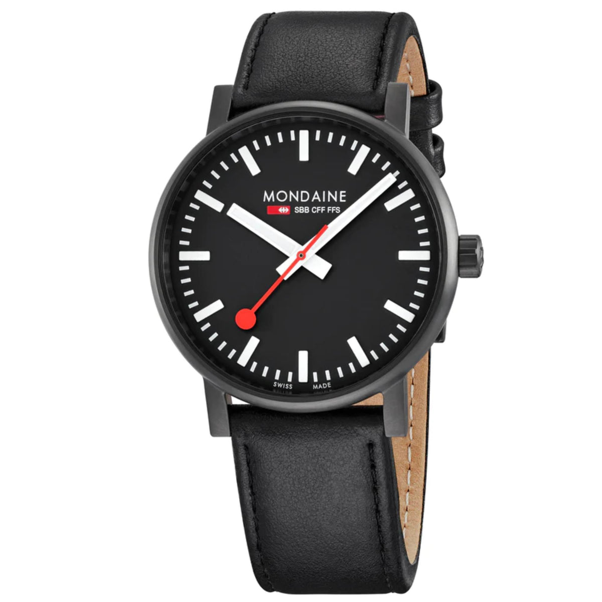 Black leather strap wrist watch with black dial, red accents, and round 40mm case