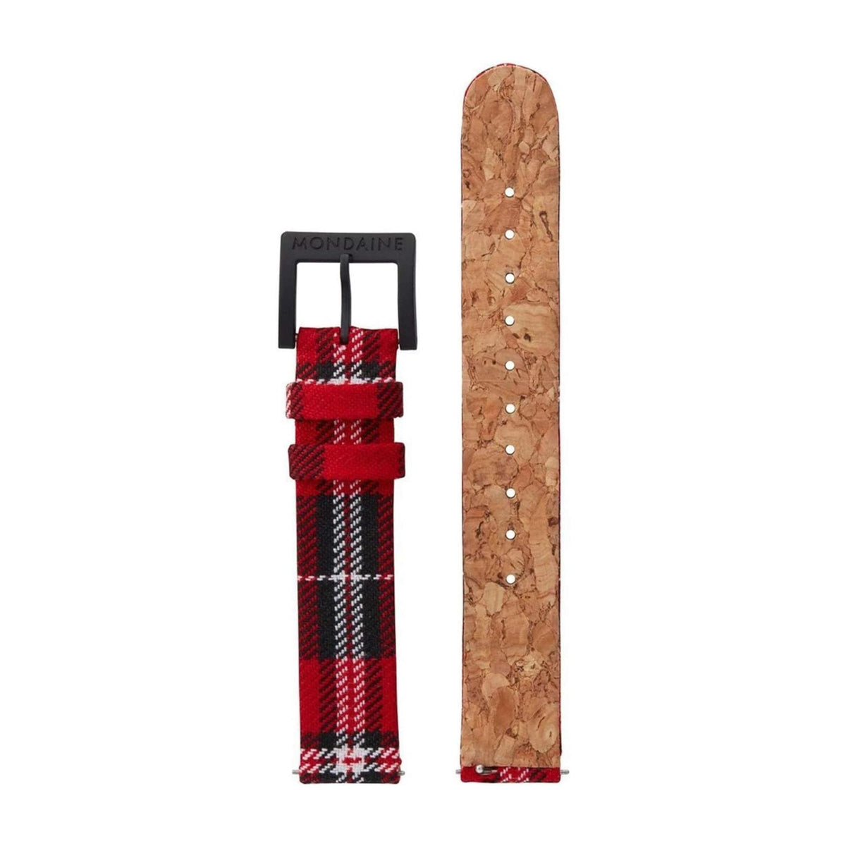 Mondaine quartz watch with red-and-black tartan strap plus matching brown strap piece