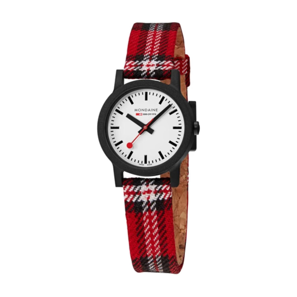 Quartz watch with white dial, black case, and red-and-black tartan strap