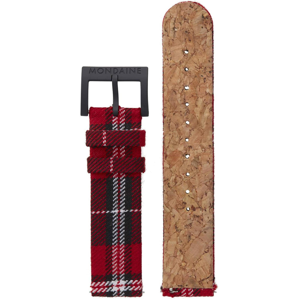 Watch strap accessory set: red tartan fabric strap and brown cork strap with holes