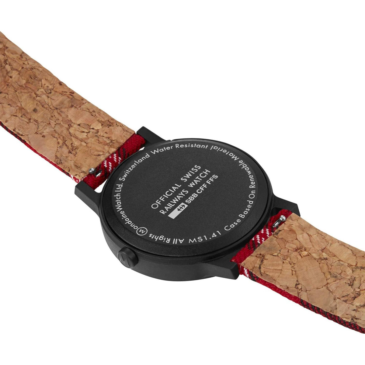 Quartz watch with black caseback and brown cork strap with red stitched edge