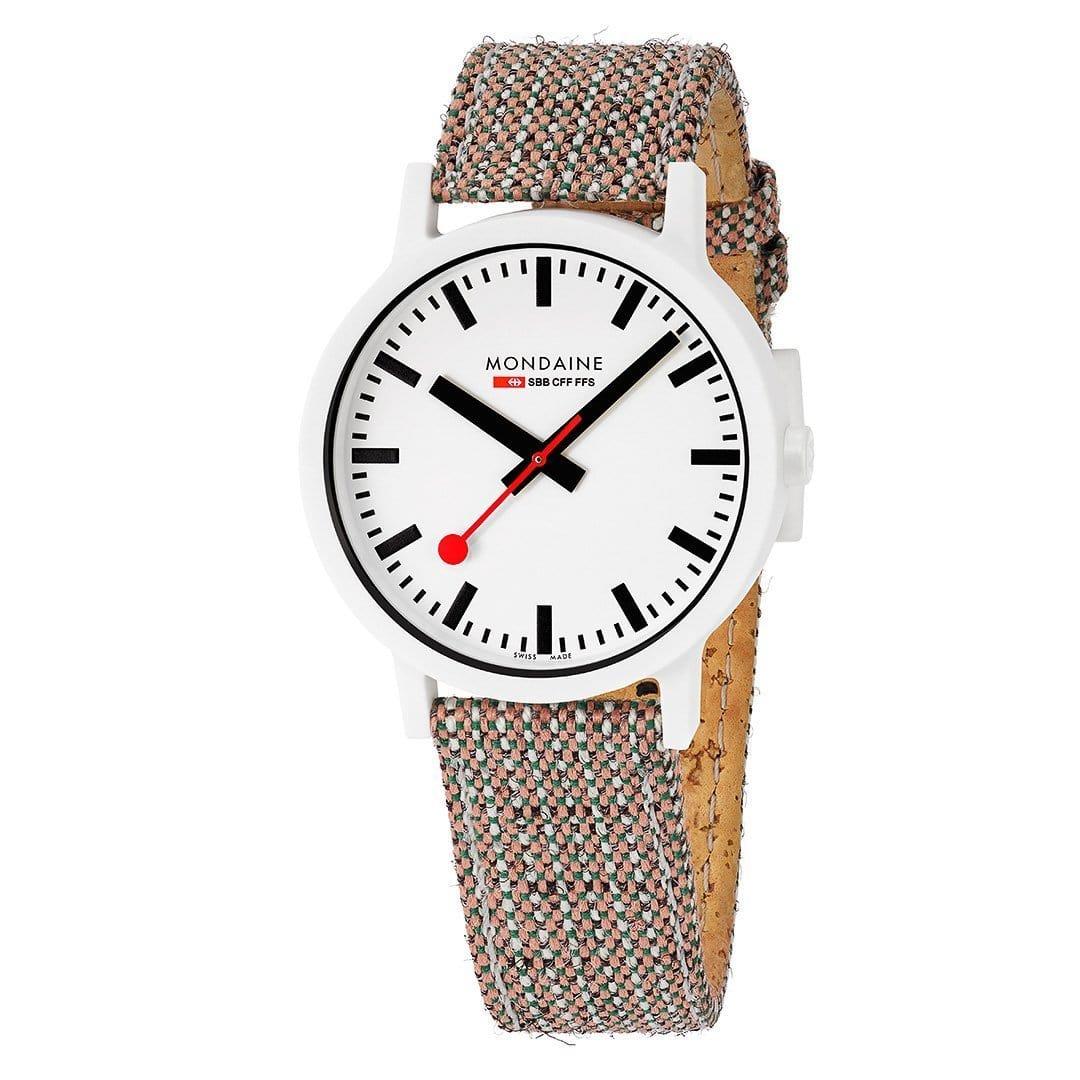 Quartz wristwatch with white dial, black markers, red seconds, and patterned fabric strap.