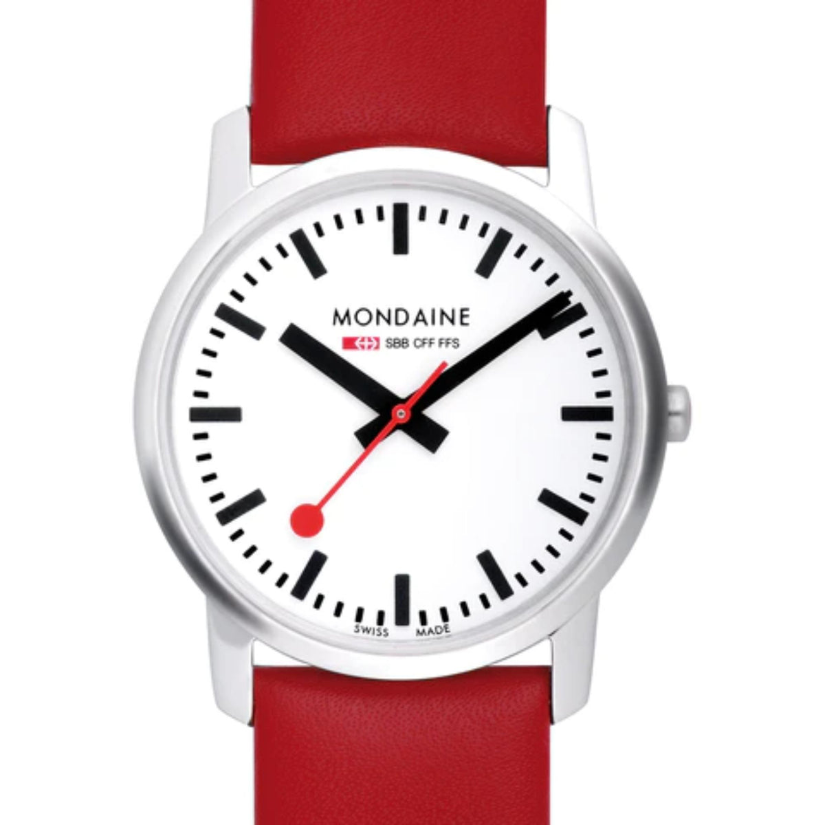 Silver case quartz watch with white dial, black index markers, and red accent hands