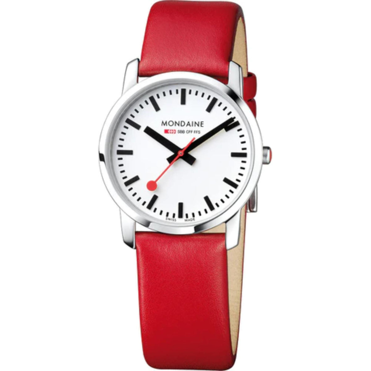 Red leather strap quartz watch with white dial, black markers, and red seconds hand