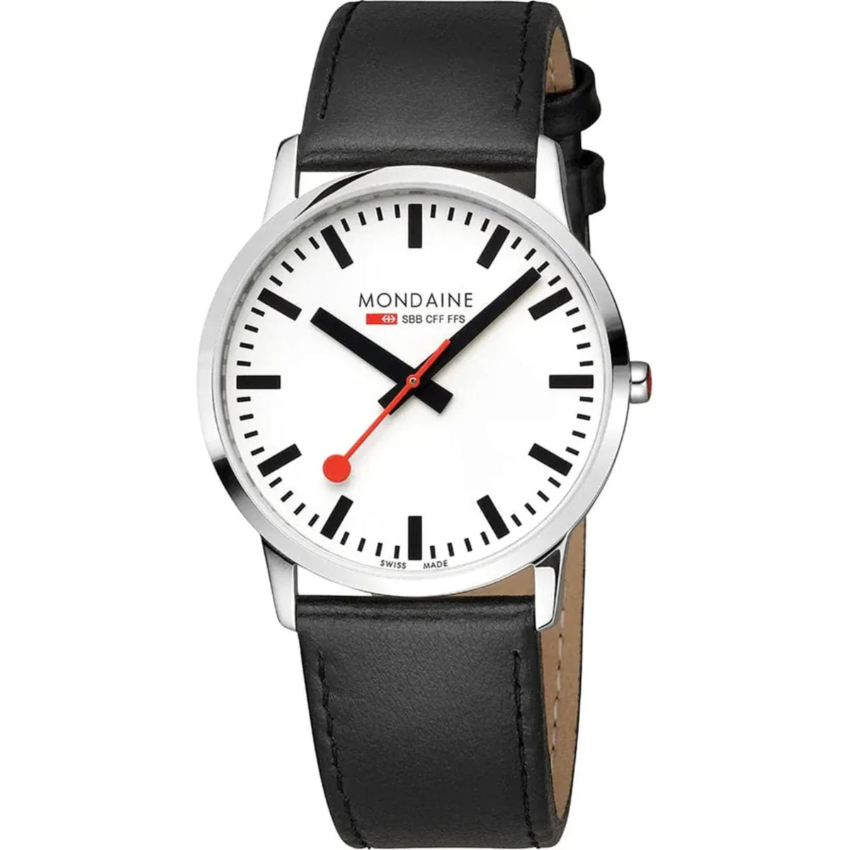 Men's wristwatch with black leather strap and white dial, stainless steel case