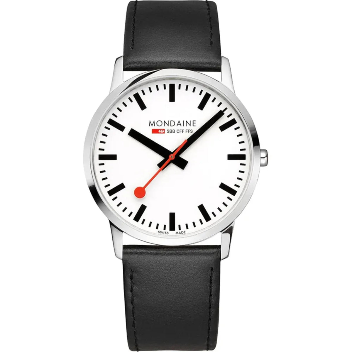 Round men's watch with black leather strap, white dial, and red seconds accent