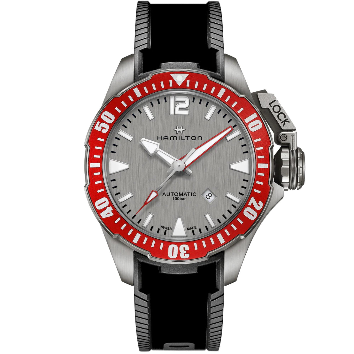 Men's automatic diver watch with grey dial, red bezel, and black rubber strap