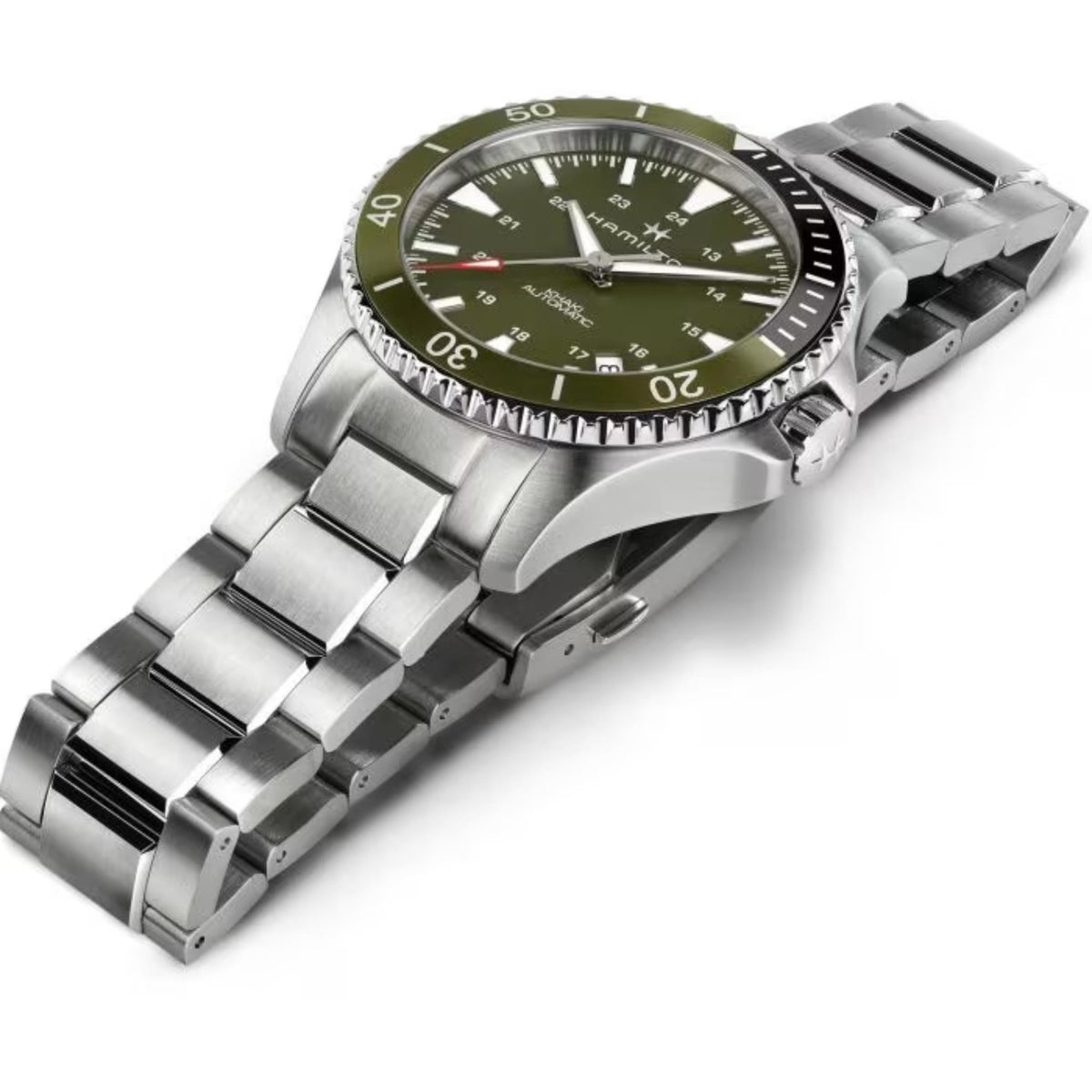 Men's Hamilton automatic wristwatch with green dial, steel bracelet and bezel