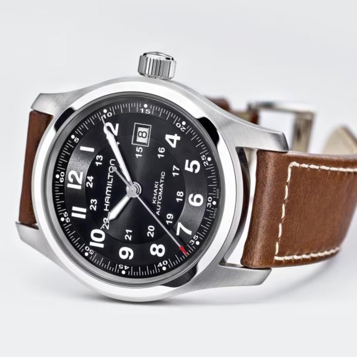 Hamilton Khaki Field H70555533 42mm brushed steel case with polished bezel front profile