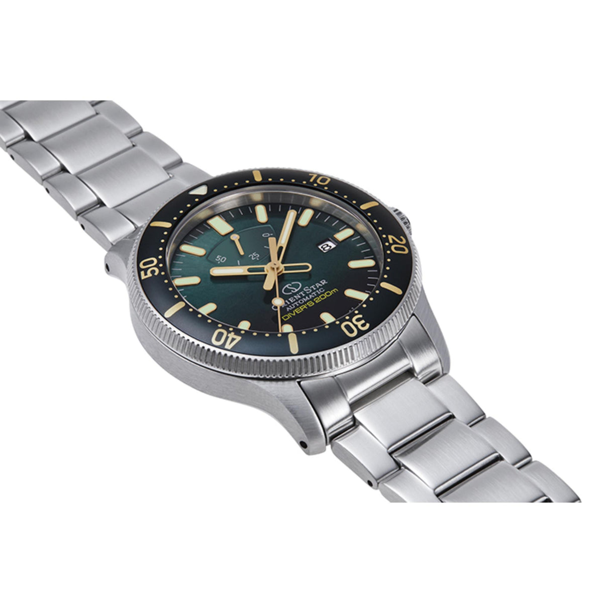 Men's steel diver watch angled view, dark green dial with gold hour markers and bezel numerals