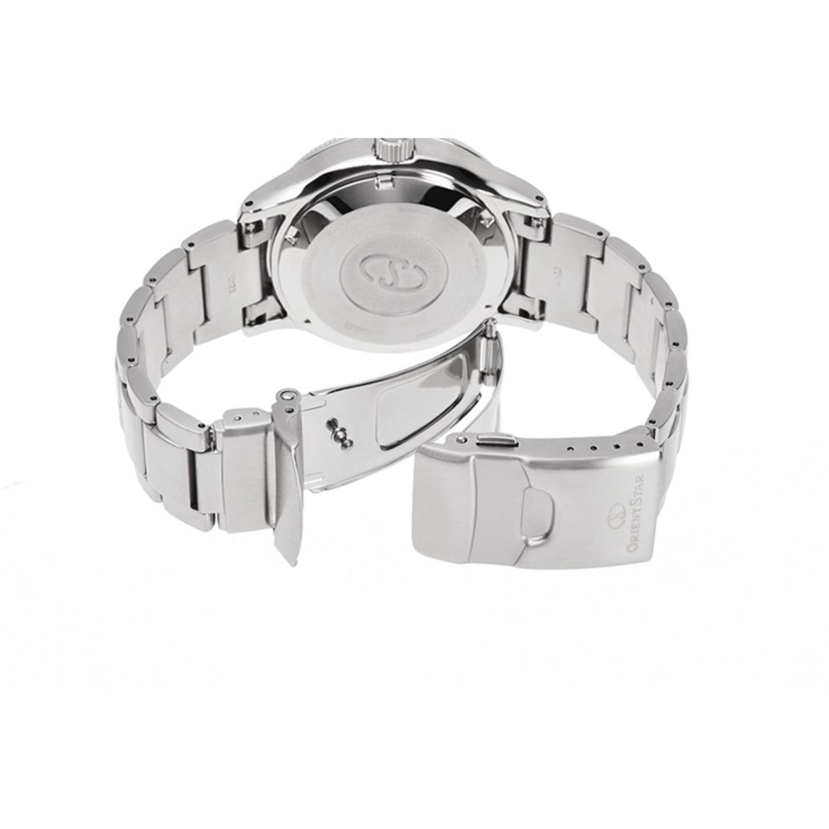 Steel diver watch caseback view with metal links and engraved details