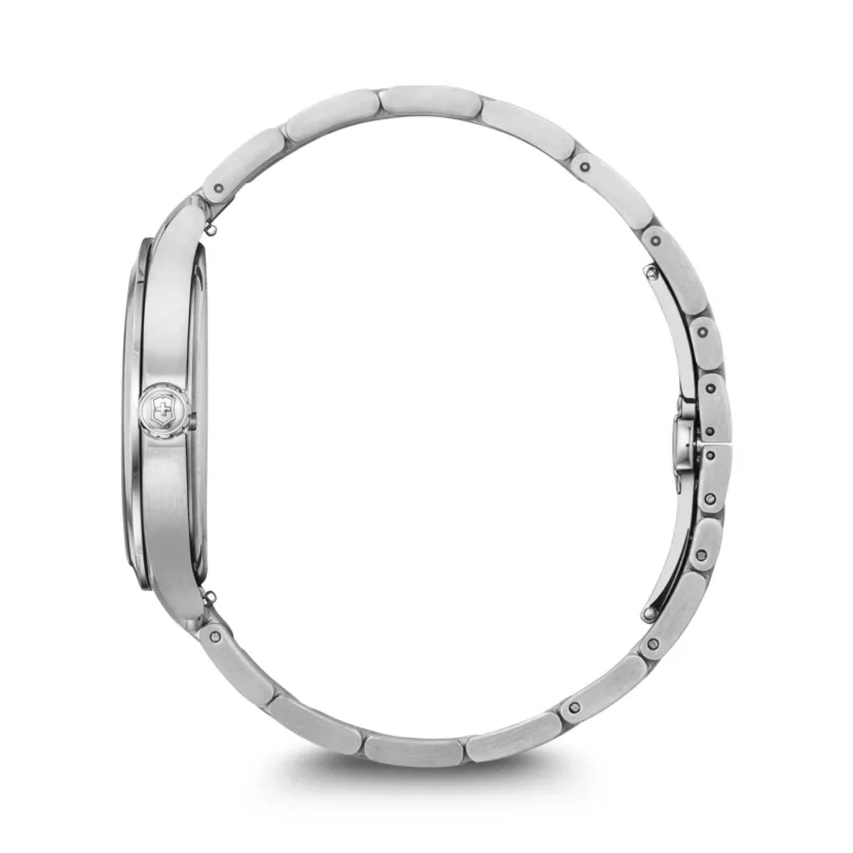 Stainless steel men's quartz watch case with bracelet, side view