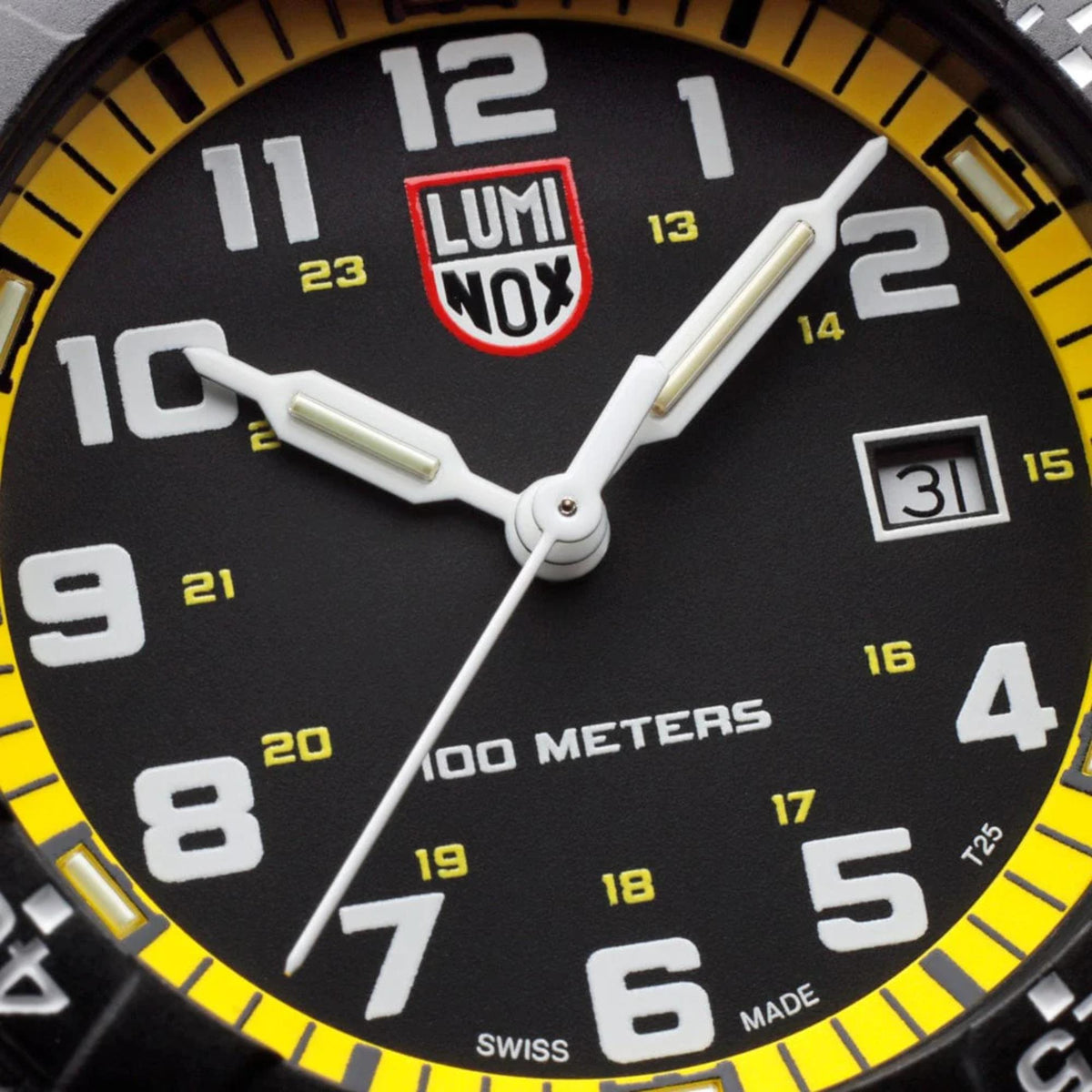 Close-up of black Luminox dive watch dial with yellow bezel ring and date at 3