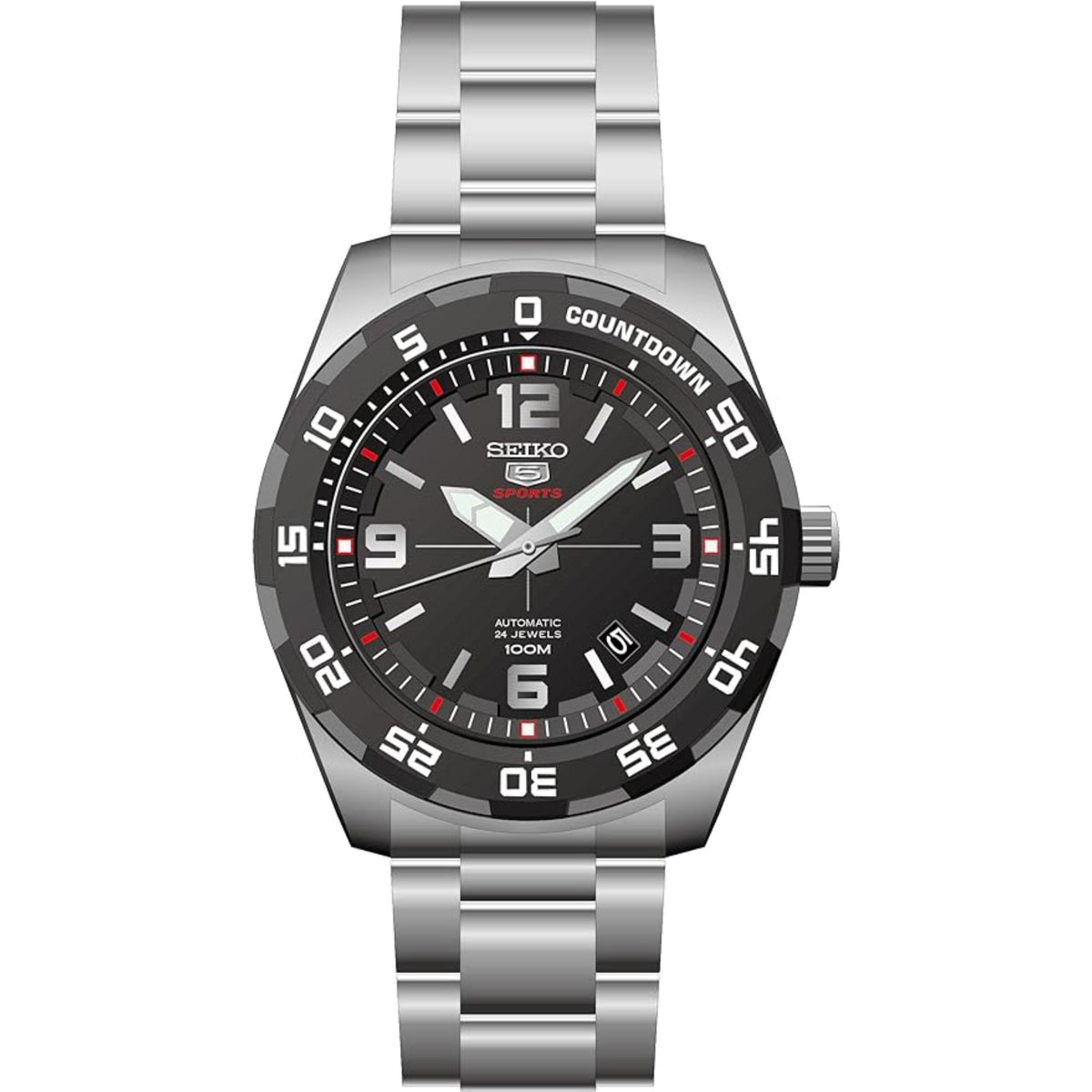 Men's Seiko 5 Sports automatic watch with black dial, silver bracelet, red minute accents