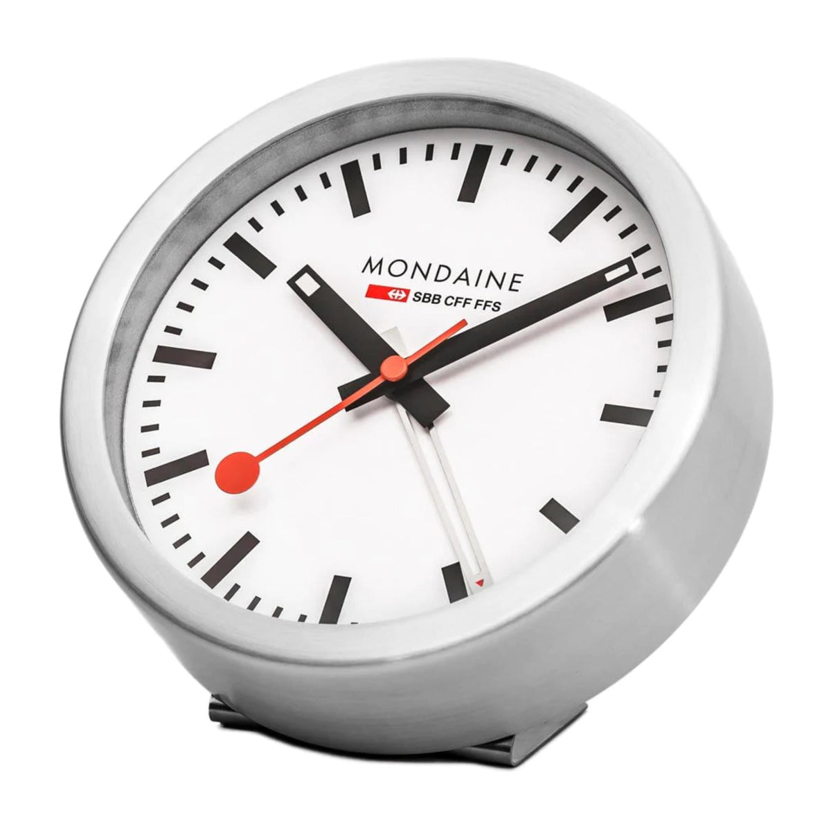 Mondaine Official Swiss Railways Alarm Clock A997.MCAL.16SBB.1 angled perspective highlighting brushed aluminum case