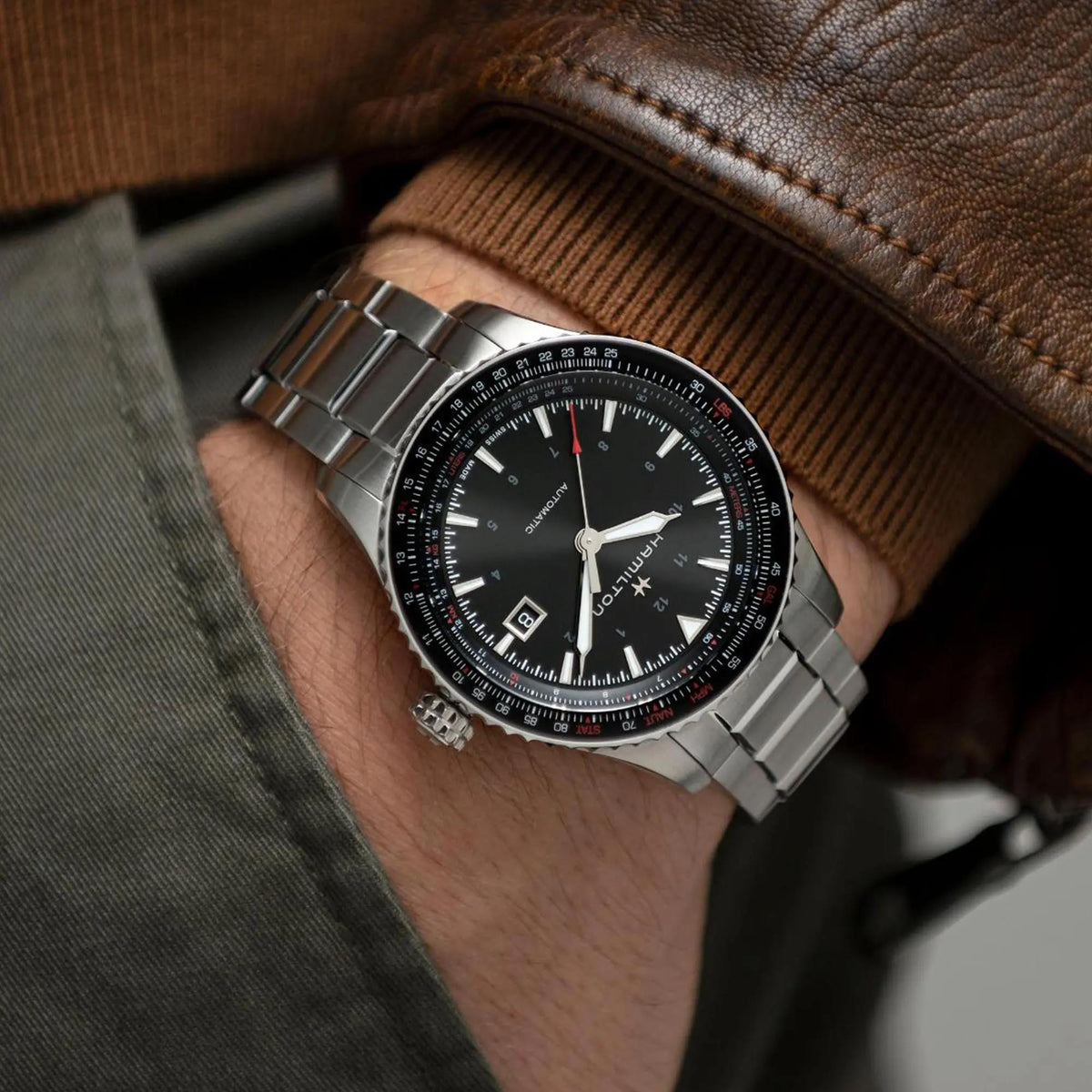 Hamilton Khaki Aviation 42mm black dial steel mens automatic watch H76615130 worn on a wrist