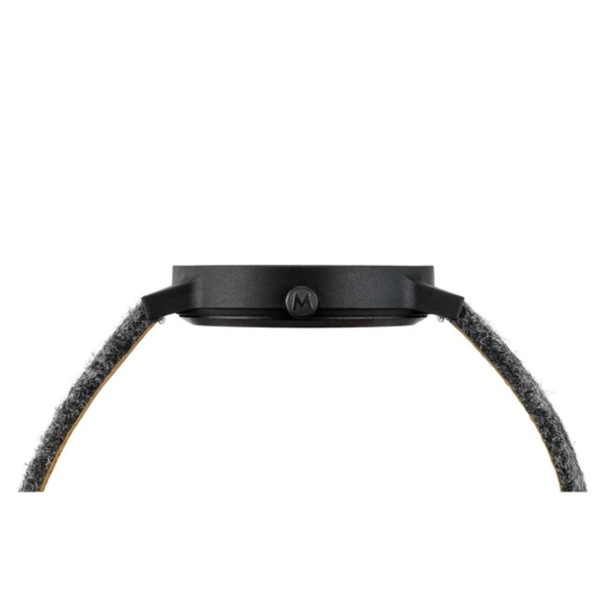 Dark watch buckle and case top with emblem, paired with gray fabric strap ends