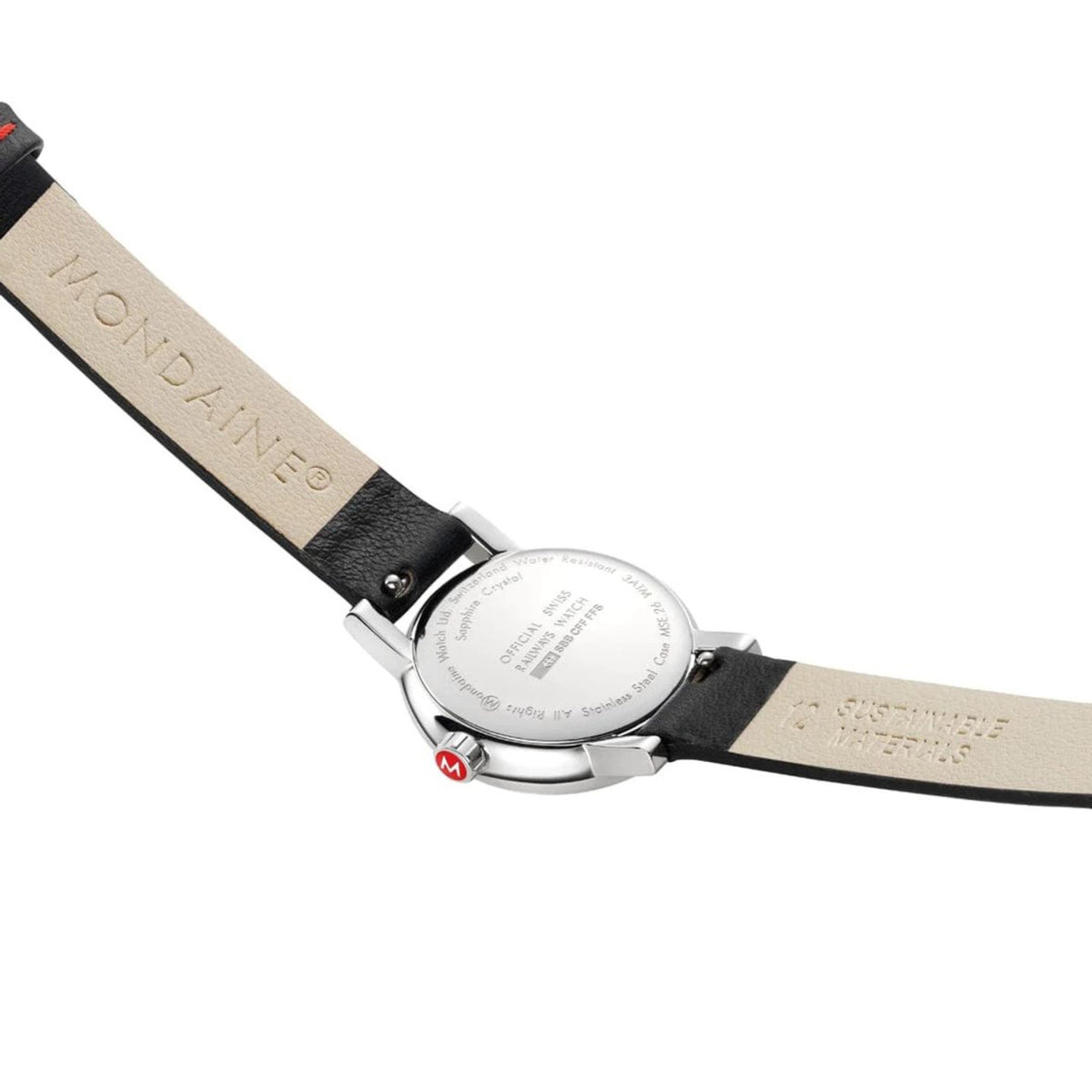 Engraved steel case back of Mondaine Evo2 MSE.26110.LBV Swiss Railways timepiece displaying the official SBB logo