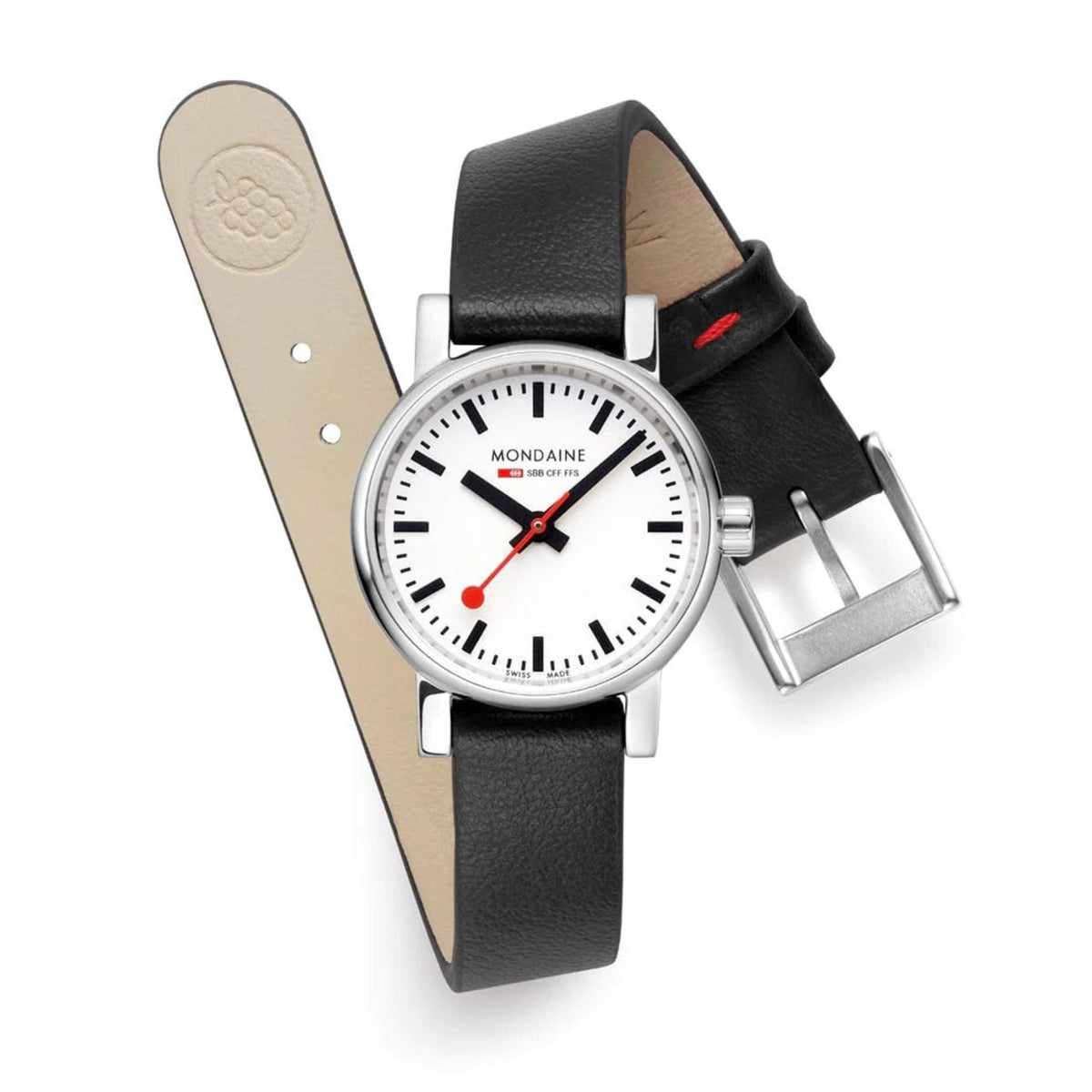 Mondaine Evo2 MSE.26110.LBV wrist watch showcasing the beige inner strap lining and silver buckle