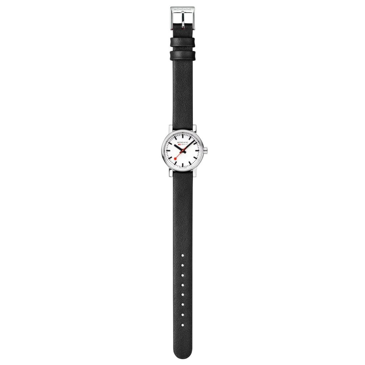 Full vertical image of Mondaine Evo2 MSE.26110.LBV classic watch with extended black band