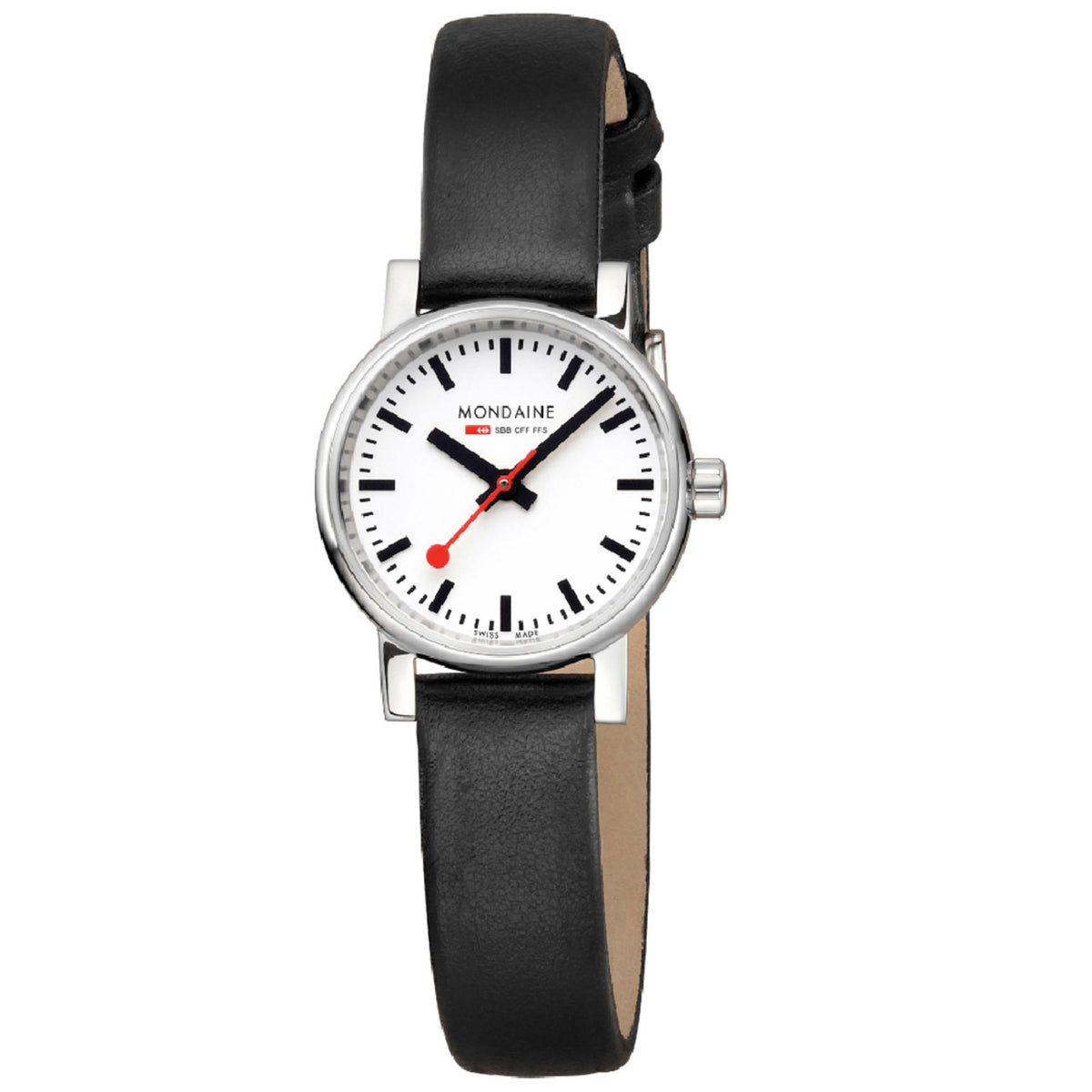 Angled studio view of Mondaine Evo2 MSE.26110.LBV womens watch highlighting the signature red second hand and silver case