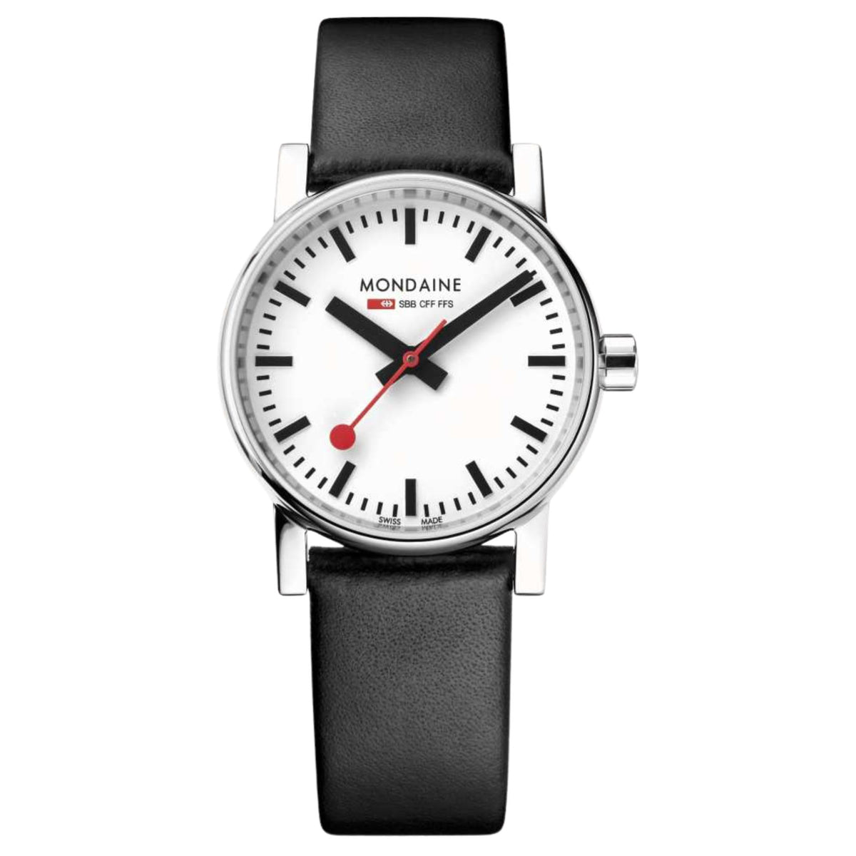 Mondaine Evo2 ladies quartz watch, white dial, black leather strap, round silver case