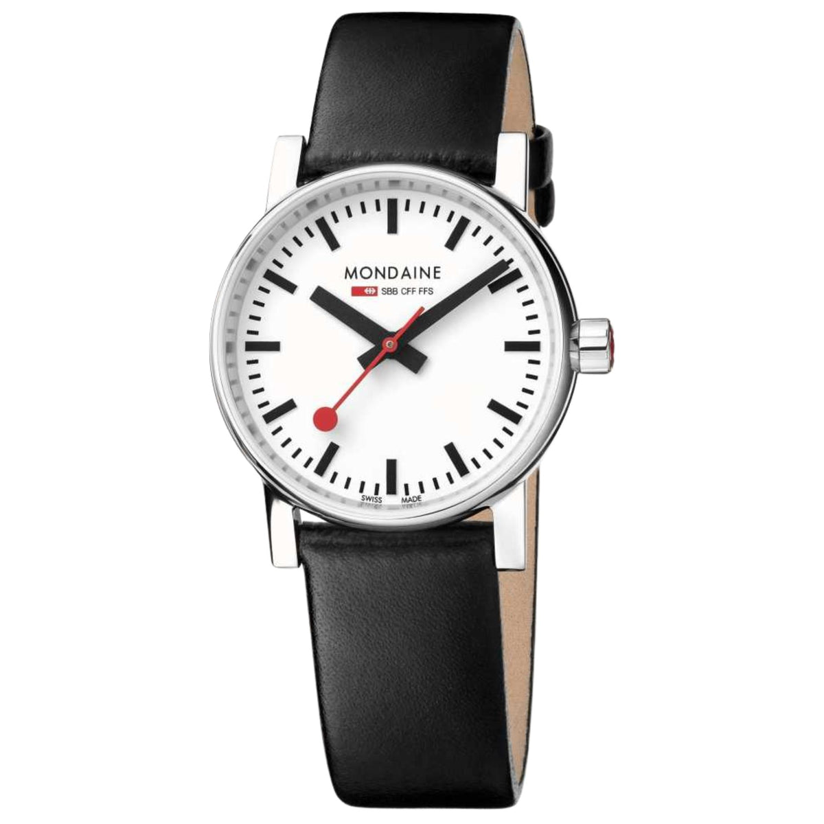 Mondaine Evo2 ladies quartz watch, white dial with red accents, black leather strap