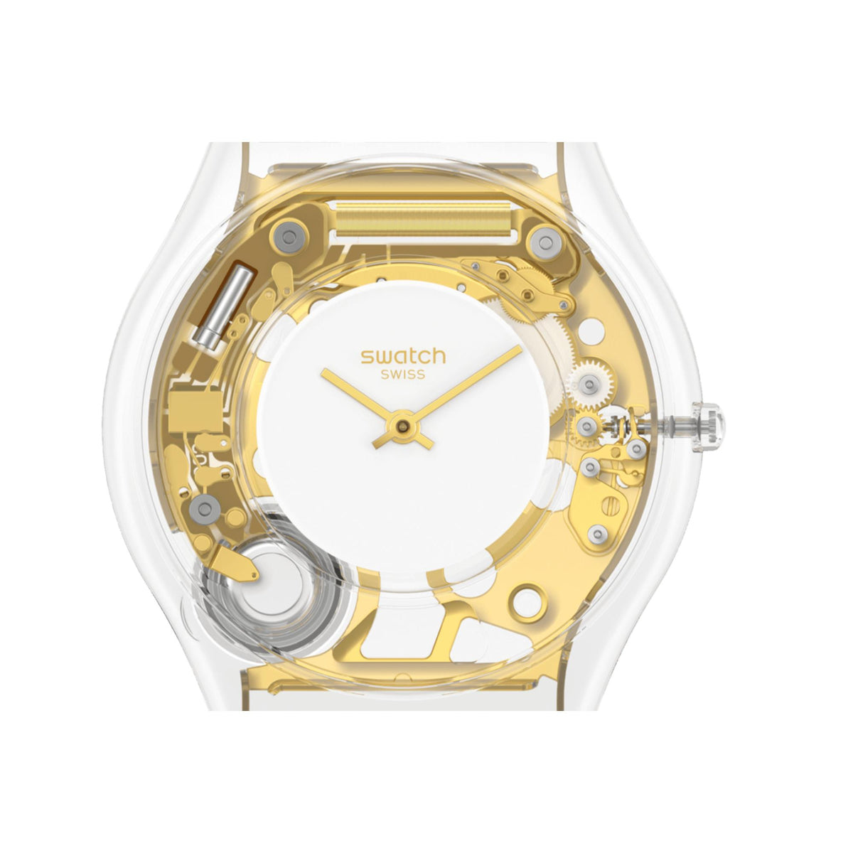 Swatch quartz watch close-up with white dial and exposed gold movement behind clear case