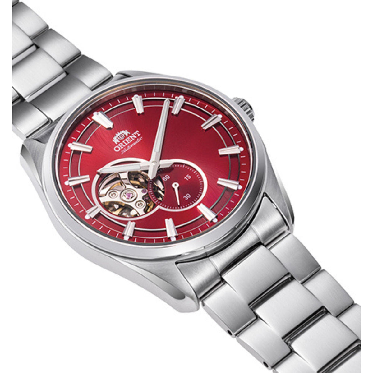 Men's Orient semi-skeleton automatic watch, angled view, red dial with steel case