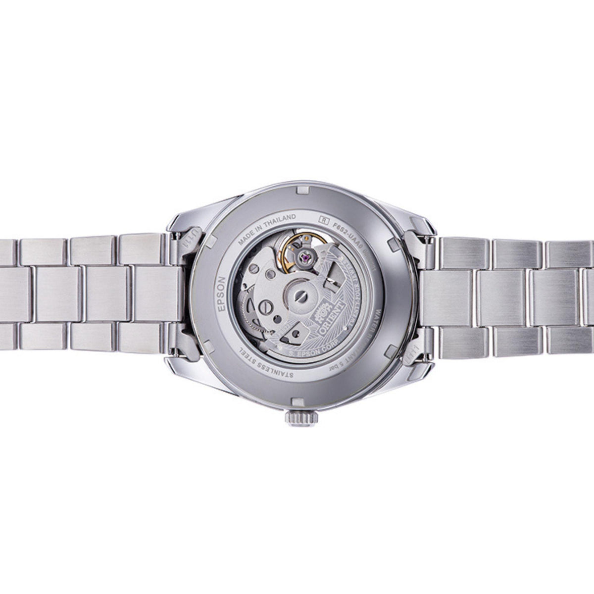 Men's Orient automatic watch caseback with visible movement and steel bracelet