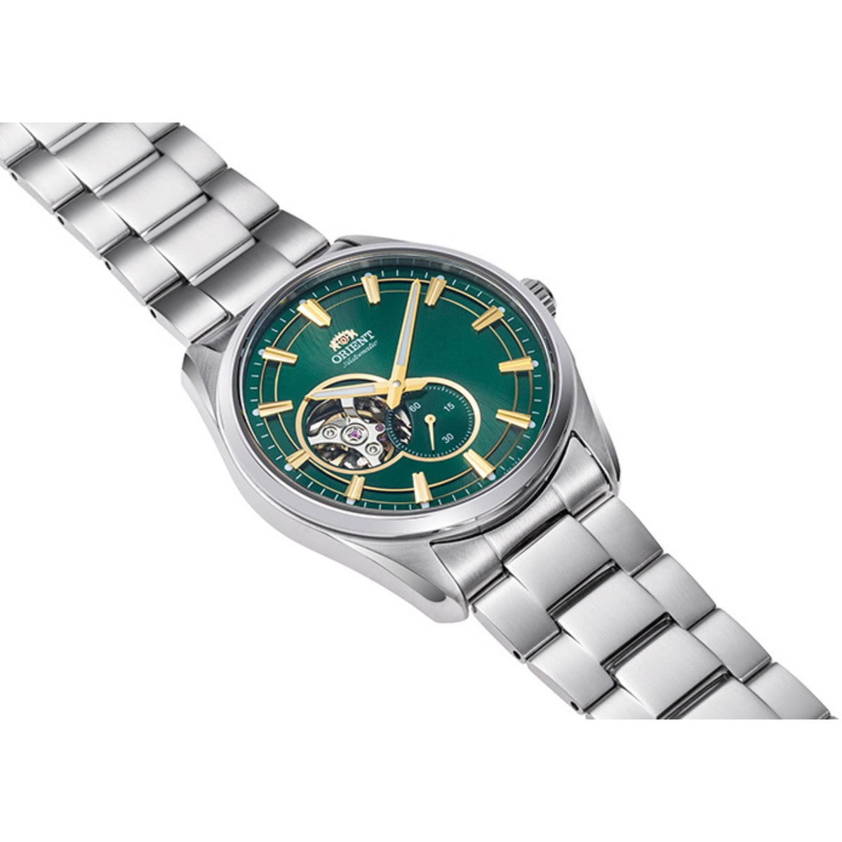Angle view of the Orient Contemporary RA-AR0008E10B lying diagonally to showcase the full watch head and metallic bracelet links