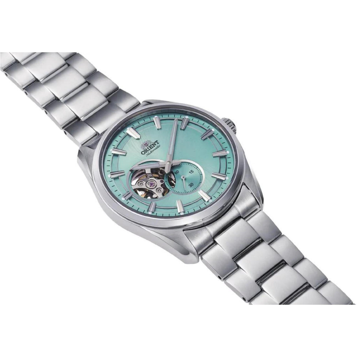 Automatic watch with light blue openwork dial, silver case and metal link bracelet