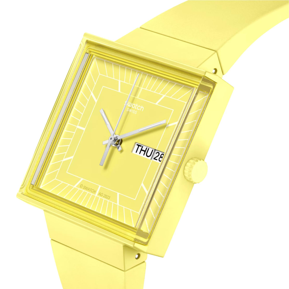 Swatch WHAT IF…LEMON? SO34J700 square biosourced case and edge crystal detail