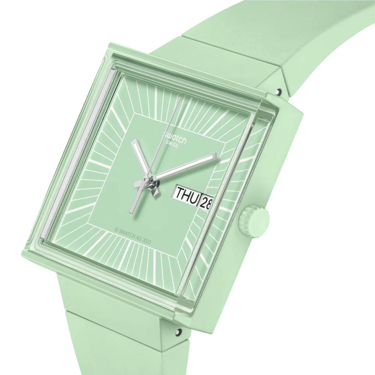 Mint green square quartz watch with bioceramic strap and day/date display