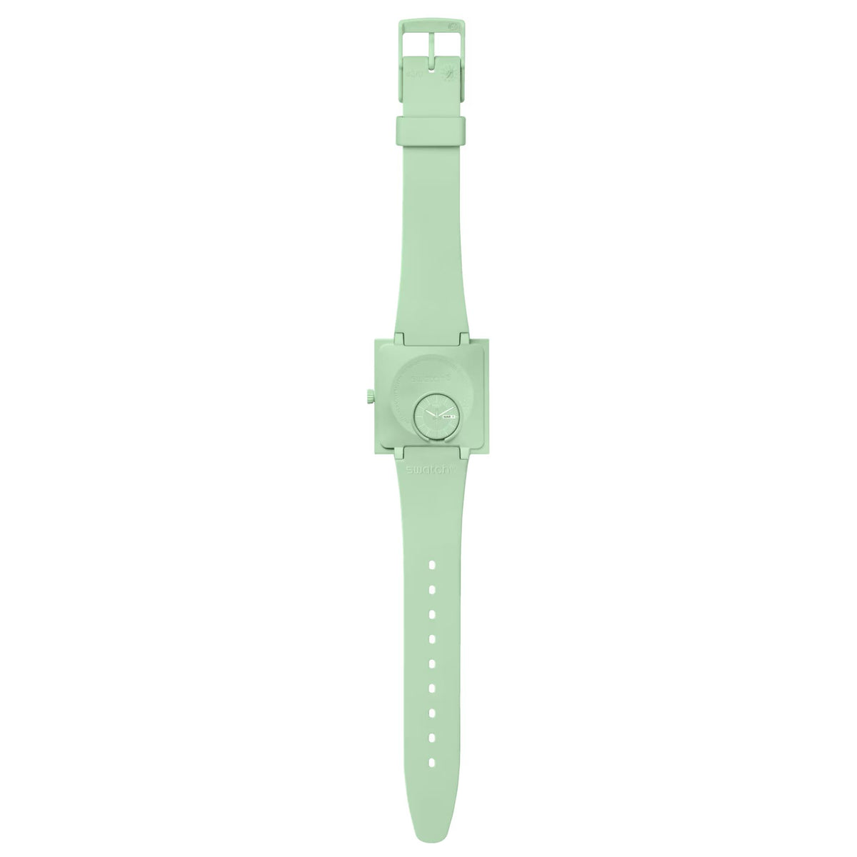 Mint green square wristwatch with bioceramic strap and buckle clasp underside