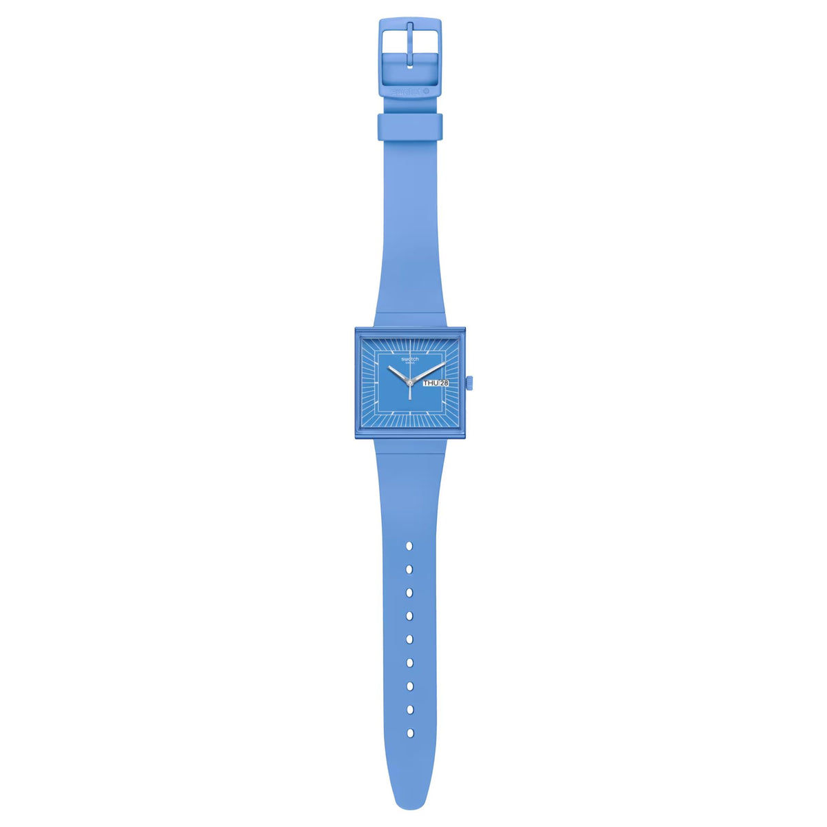 Blue square dial quartz watch with blue strap and buckle clasp, simple markers
