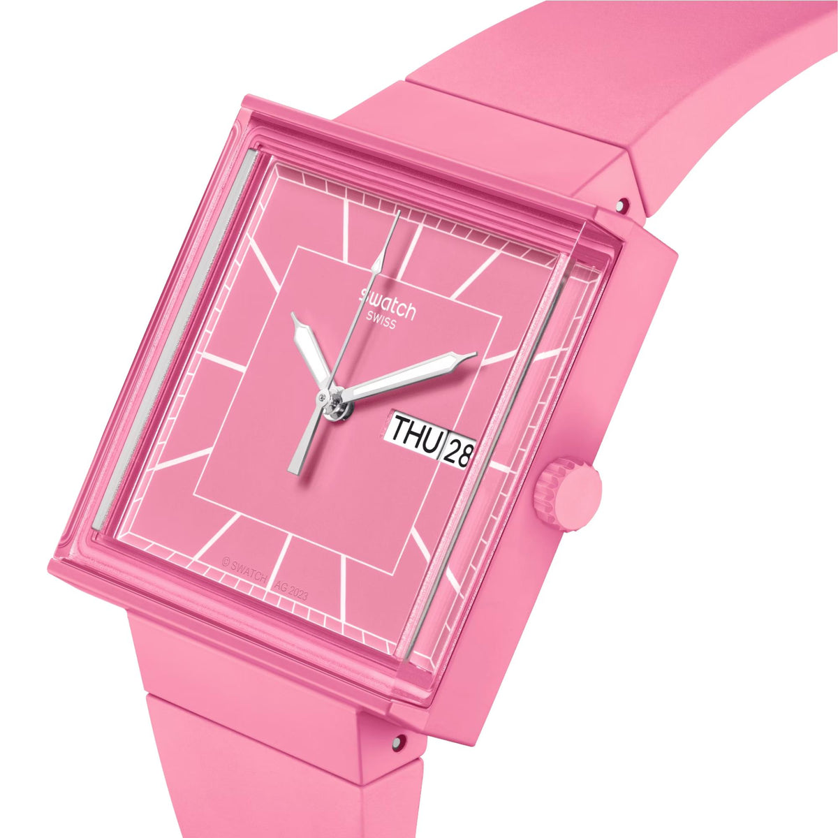 Quartz pink dial square watch with pink strap and day/date window, analog hands