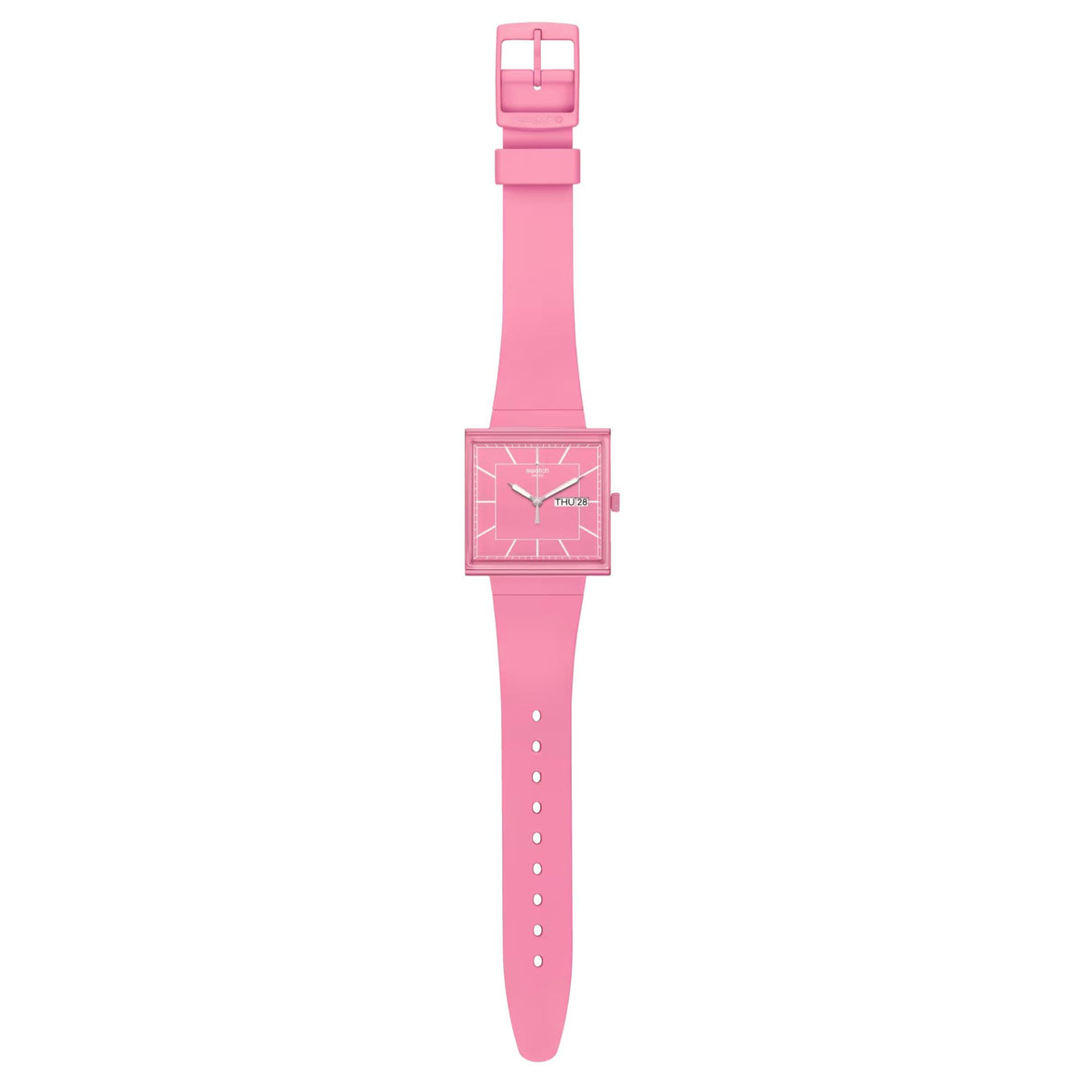 Pink square watch on pink strap with buckle closure, minimal dial with markers