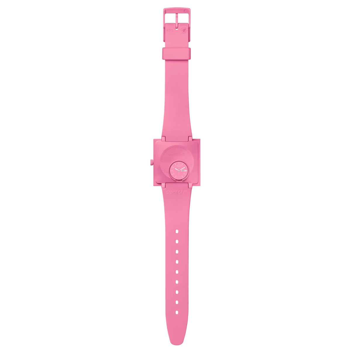 Pink square case watch with pink strap, analog dial with markers and hands