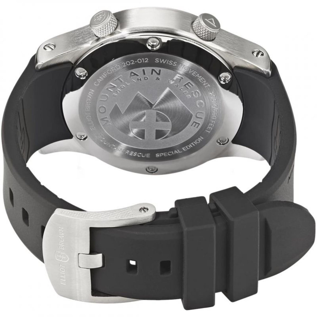 Men's watch caseback view with silver-tone back, black strap, and metal crown details