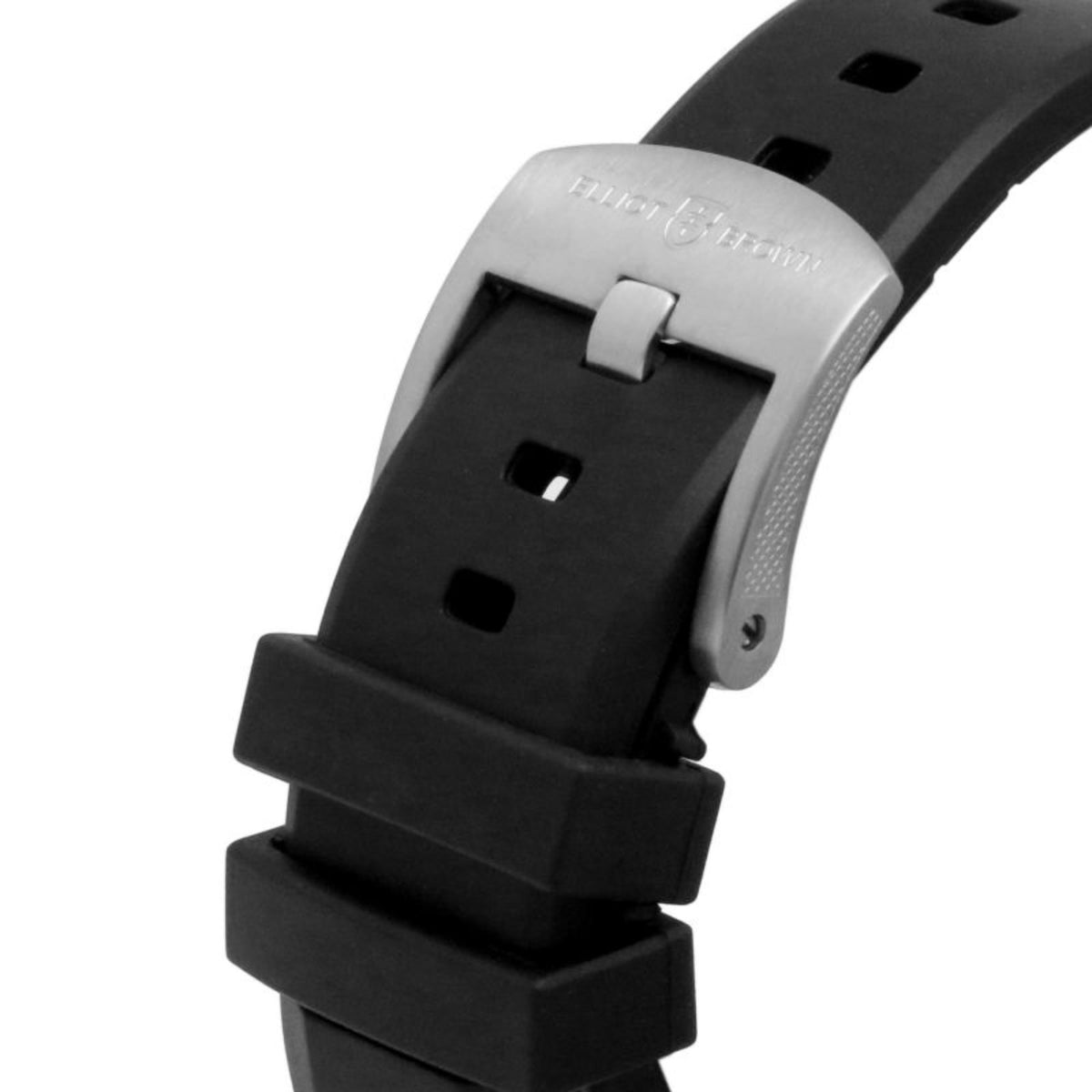 Black rubber watch strap with buckle and textured clasp hardware